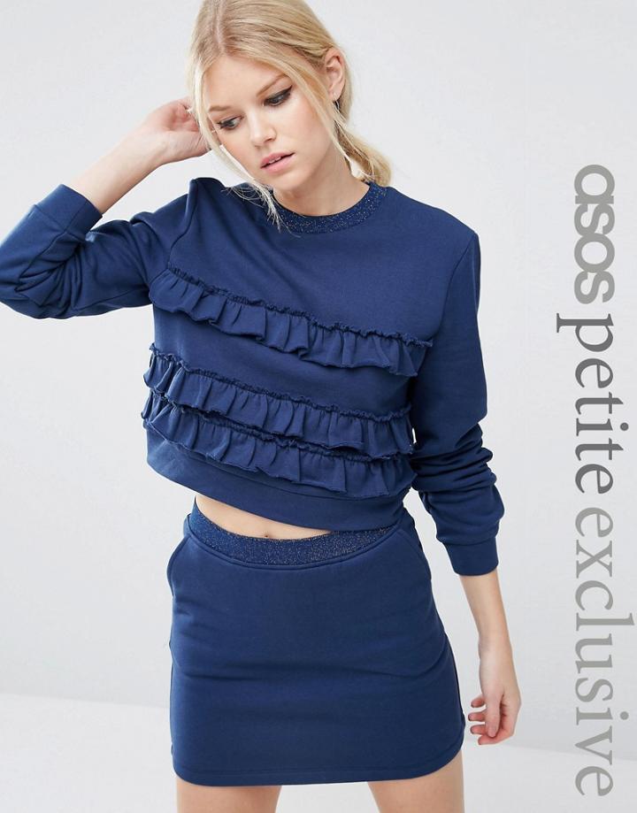 Asos Petite Ruffle Sweat With Lurex Trim - Navy