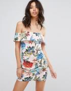 Prettylittlething Tropical Print Bardot Bodycon Dress - Multi