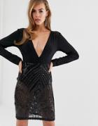 Club L V Neck Bodycon Dress With Sequin Skirt-black