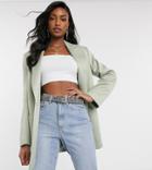Asos Design Tall Satin Bonded Grandad Coat In Sage-green