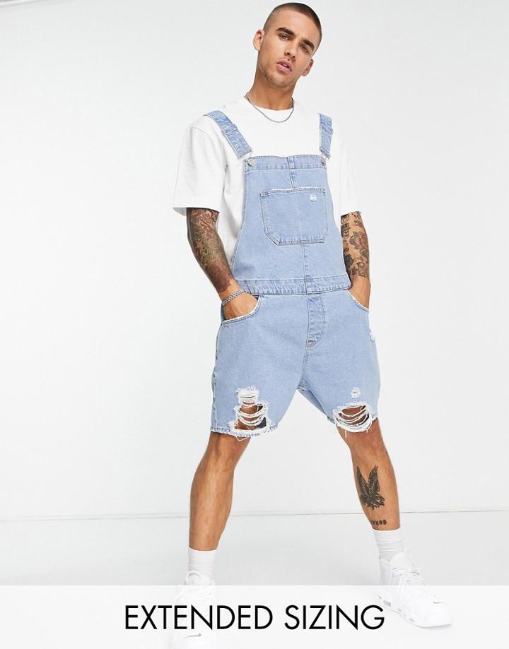 Asos Design Short Denim Overalls In Light Wash With Rips-blue
