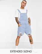 Asos Design Short Denim Overalls In Light Wash With Rips-blue