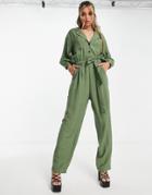 Topshop Premium Button Through Boiler Suit In Khaki-green