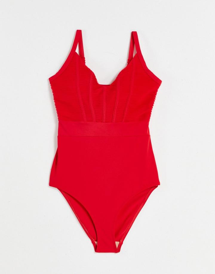 Pour Moi Fuller Bust Ruched Pleated Control Swimsuit In Red
