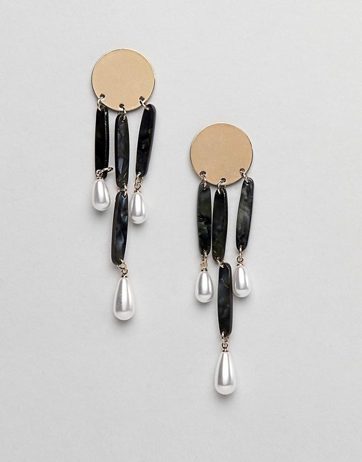 Asos Design Earrings With Gold Disc And Faux Mother Of Pearl Strands In Gold - Gold