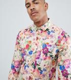 Asos Design Tall Stretch Slim Shirt In Floral Print In Ecru - White