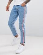 Asos Design Slim Jeans In Mid Wash Blue With Pink Side Stripe - Blue