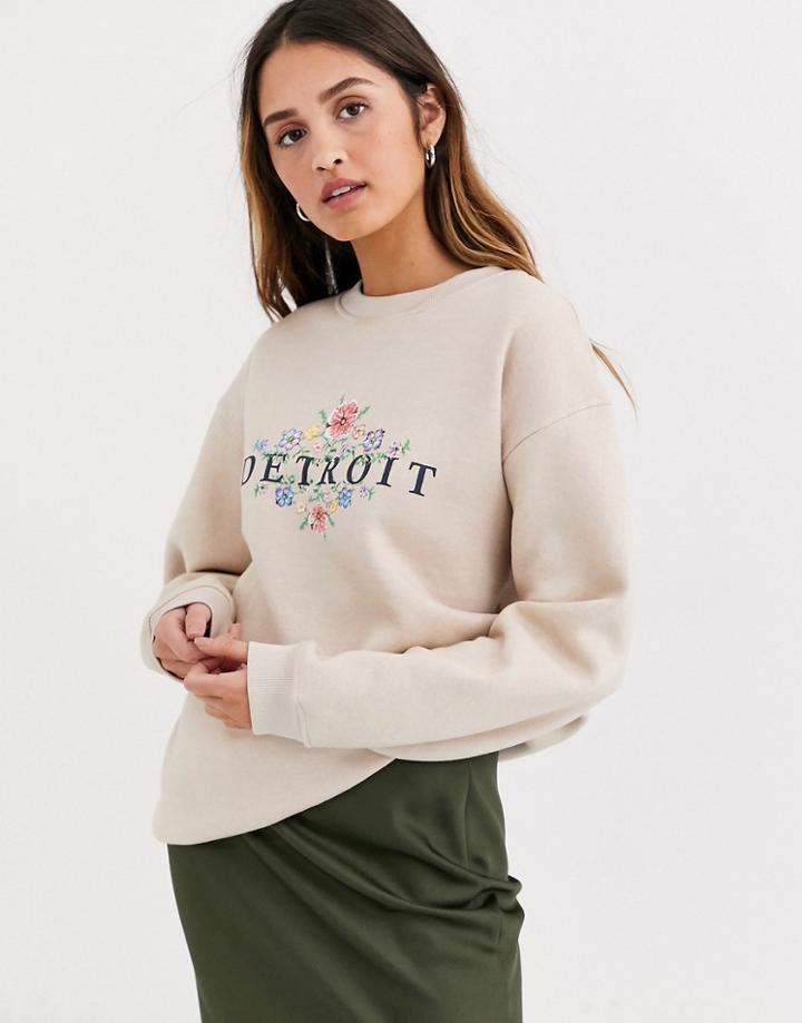 Daisy Street Relaxed Sweatshirt With Vintage Detroit Print-beige
