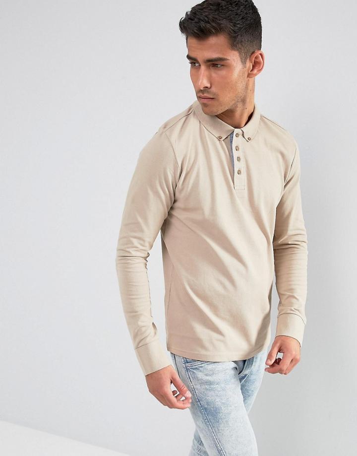 Brave Soul Long Sleeve Pique Polo Shirt - Cream