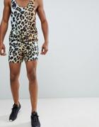 Asos Design Two-piece Slim Shorter Shorts With Elasticated Waistband In Leopard Print - Brown