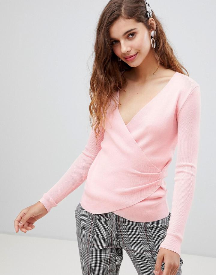 Willow & Paige Ribbed Wrap Front Fited Sweater - Pink