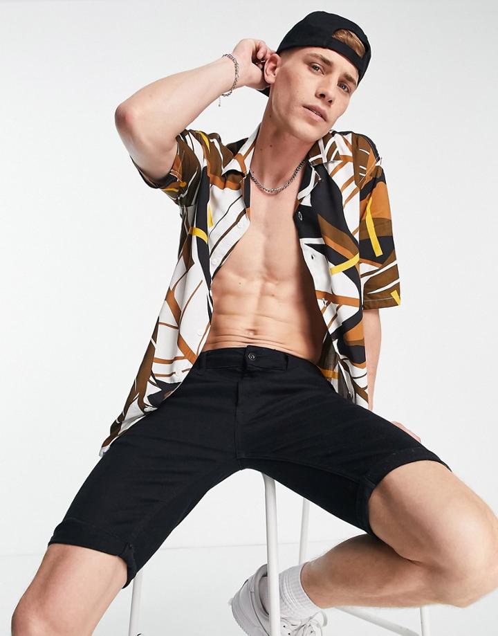 Only & Sons Revere Shirt With Abstract Palm Print In Brown
