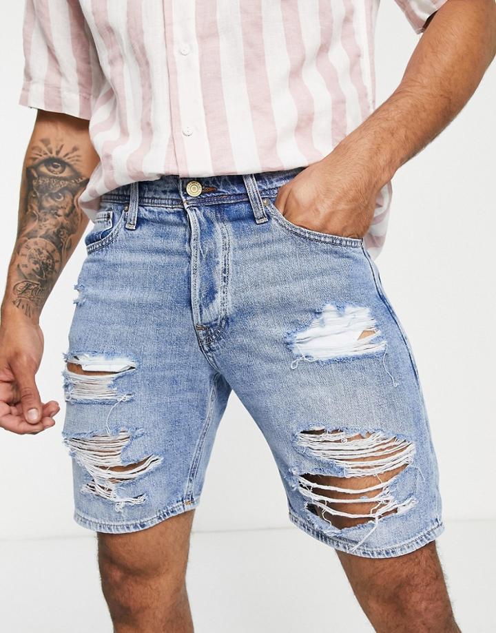 Jack & Jones Loose Fit Denim Shorts With Abrasions In Light Wash-black