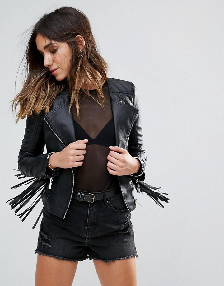 Brave Soul Faux Leather Jacket With Fringe Detail - Black