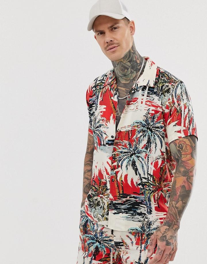 Bershka Short Sleeve Shirt With Palm Tree Print In Red-multi