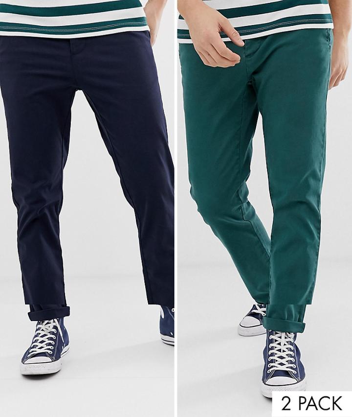 Asos Design 2 Pack Slim Chinos In Washed Green & Navy Save - Multi