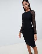 Vesper Bodycon Dress With Contrast Lace Sleeves - Black