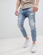 Stradivarius Carrot Fit Jeans With Zips And Abrasion In Light Blue - Blue