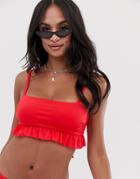 Asos Design Glam Frill Bikini Top In Red - Red
