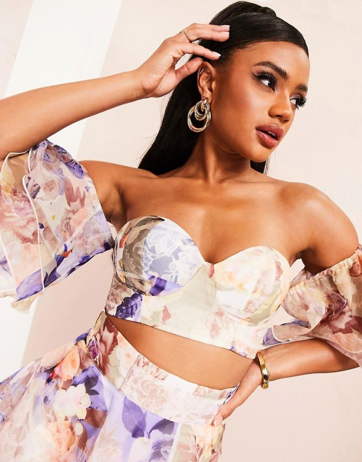 Asos Luxe Organza Ruffle Bardot Top In Print - Part Of A Set-multi