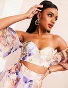 Asos Luxe Organza Ruffle Bardot Top In Print - Part Of A Set-multi