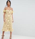 Jarlo Petite All Over Cutwork Lace Bardot Midi Dress With Tie Sleeve Detail - Yellow