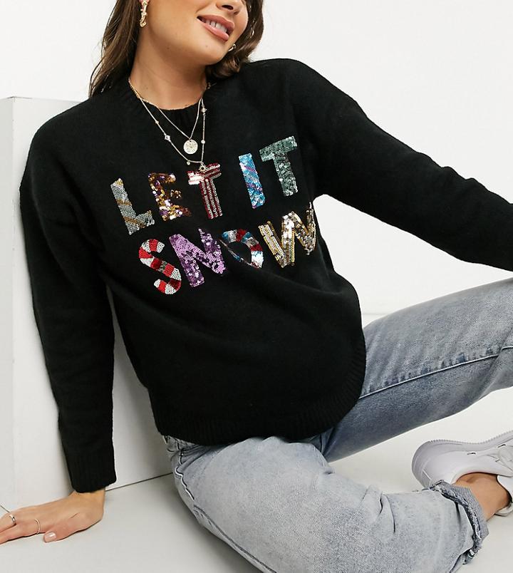 Asos Design Maternity Charity Holiday Sweater With Sequin 'let It Snow' Slogan For Asos Foundation-black