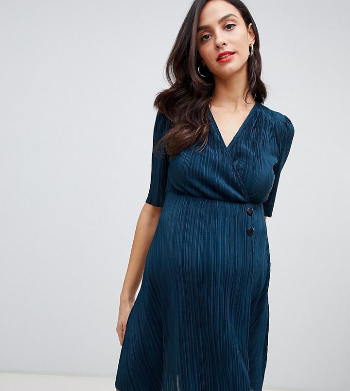 Asos Design Maternity Mini Plisse Dress With Button Detail - Green