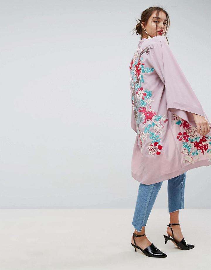 Asos Premium Kimono Duster Jacket With Dragon Embroidery - Purple