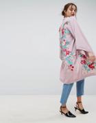 Asos Premium Kimono Duster Jacket With Dragon Embroidery - Purple