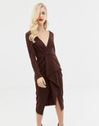 Asos Design Long Sleeve Textured Wrap Midi Dress - Brown