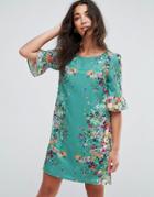 Yumi Frill Sleeve Dress In Floral Border Print - Green