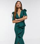 True Violet Puff Shoulder Plunge Ruffle Front Midi Dress In Forest Green