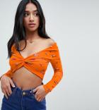 Asos Design Petite Twist Off Shoulder Crop Top In Ditsy Print - Orange