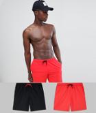 Asos Design Swim Shorts In Black & Red Mid Length 2 Pack Multipack Saving