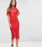 Naanaa Tall Lace Bodycon Midi Dress With Off Shoulder And Cut Out Detail - Red