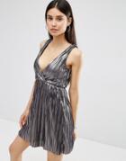 Oh My Love Metalllic Pleat Plunging V Wrap Dress - Silver
