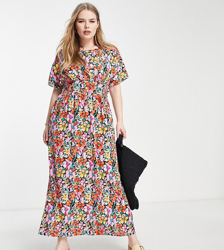 Lola May Plus Midi Smock Dress In Floral Print-black