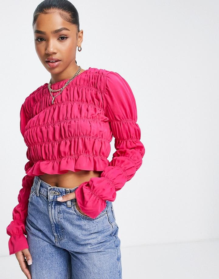 Lola May Gathered Satin Long Sleeve Crop Top-pink