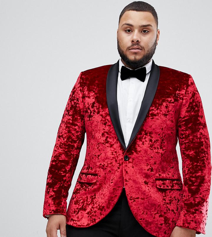 Twisted Tailor Plus Super Skinny Tuxedo Blazer In Red Crushed Velvet - Red