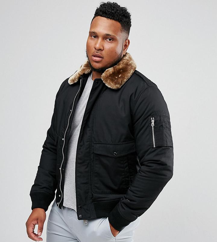 Schott Plus Air Bomber Jacket Detachable Faux Fur Collar Slim Fit In Black/beige - Black