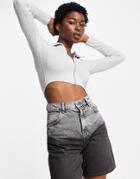 Topshop Fur Collar Zip Cardigan In Gray Heather-grey