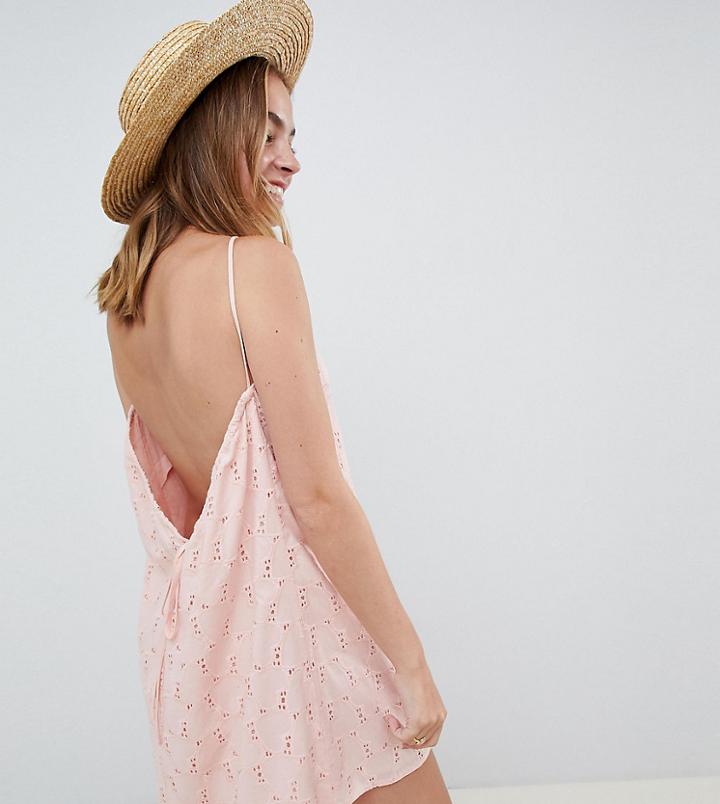 Asos Design Petite Low Back Mini Sundress In Heart Broderie - Pink