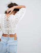 Bershka Crochet And Lace Back Crop Top - Cream