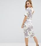 Asos Petite Smart Midi Dress With V Back In Grey Floral Print - Gray