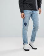 Asos Stretch Slim Jeans In Mid Wash With Rips - Blue