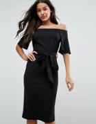 Asos Midi Dress With Off Shoulder And Self Tie - Black