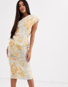 Asos Design Marble Print One Shoulder Fold Detail Midi Dress - Multi