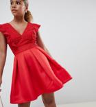 Little Mistress Petite Frilly Lace Mini Skater Prom Dress In Pomegranate-red
