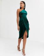 Asos Design Velvet One Shoulder Wrap Lace Back Bodycon Midi Dress-green